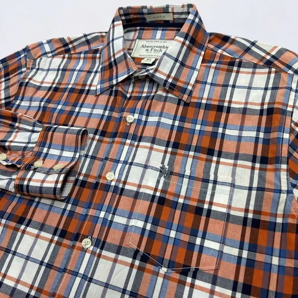 Abercrombie Fitch Shirt Men's XL Orange Plaid Button Down Long Sleeve Preppy - Picture 4 of 12